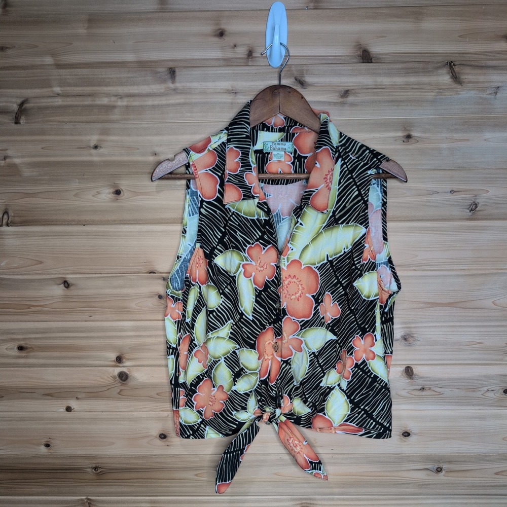 Tommy Bahama Womens XL Tropical Floral Tie Front Sleeveless Linen Blend Top‎